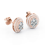 Art Deco Basket Set 2.20 Carat Oval Cut Certified Moissanite and Diamond Double Halo Stud Earrings in Rose Gold
