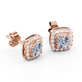 Four Prong 1.10 Carat Cushion Cut Certified Moissanite and Diamond French Pave Under Halo Ear Studs in White Gold