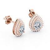 Art Deco 0.95 CT TDW Pear Shape Diamond Double Halo Micro Pave Ear Studs in Yellow Gold
