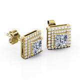 4 Prong Setting 1.20 Carat Princess Cut Certified Moissanite and Diamond Double Halo Encrusted Stud Earrings in White Gold