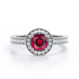 Decorative Halo 1 carat Round Lab Ruby and Diamond Milgrain Engagement Ring in White Gold