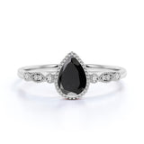 Bezel Set 1.25 Carat Pear Lab Black Diamond and Unique Milgrain Engagement Ring in White Gold