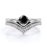 V Shaped Style 0.75 Carat Round Lab Black Diamond and Bead Bright Wedding Set in White Gold