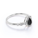 Bezel Set 1.25 Carat Pear Lab Black Diamond and Unique Milgrain Engagement Ring in White Gold