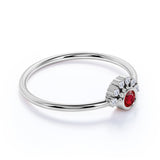 Petite Round Cut Ruby and Diamond Curve Engagement Ring in White Gold