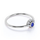 Petite Round Cut Deep Blue Sapphire and Diamond Curve Engagement Ring in White Gold
