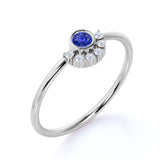 Petite Round Cut Deep Blue Sapphire and Diamond Curve Engagement Ring in White Gold