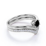 V Shaped Style 0.75 Carat Round Lab Black Diamond and Bead Bright Wedding Set in White Gold
