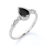 Bezel Set 1.25 Carat Pear Lab Black Diamond and Unique Milgrain Engagement Ring in White Gold