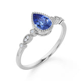 Bezel Set 1.25 Carat Pear Deep Blue Sapphire and Diamond Unique Milgrain Engagement Ring in White Gold
