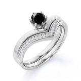 V Shaped Style 0.75 Carat Round Lab Black Diamond and Bead Bright Wedding Set in White Gold