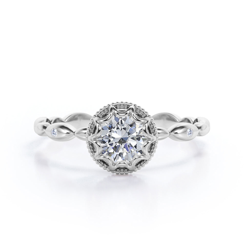 Unique Vintage  0.5 carat Round Moissanite and Diamond Vintage Royal Half Scalloped Ring in Rose Gold