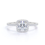 Cushion Halo Design 1.25 Carat Round Cut Moissanite Pave Prong Set Engagement Ring In 18K White Gold Plating Over Silver