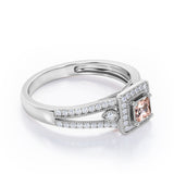 Split-Shanked Pave 1.55 Carat Princess Cut Morganite and diamond Milgrain-Bordered Halo Engagement Ring in White Gold