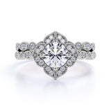 Art Deco 1.75 Carat Round Cut Moissanite Bridal Ring Set with Infinity Band in 18k White Gold Over Silver