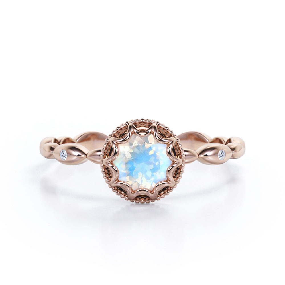 Half Vintage Scalloped Halo 1 carat Round Moonstone and Moissanite Beaded Shank Engagement Ring in Black Gold