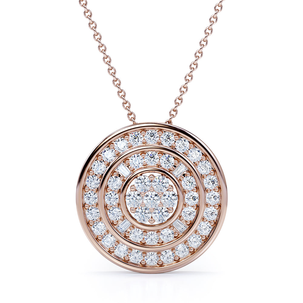 Classic Layered 0.9 carat Round and Baguette Cut Moissanite/ Diamond Pendant Necklace in 18k White Gold Over Silver
