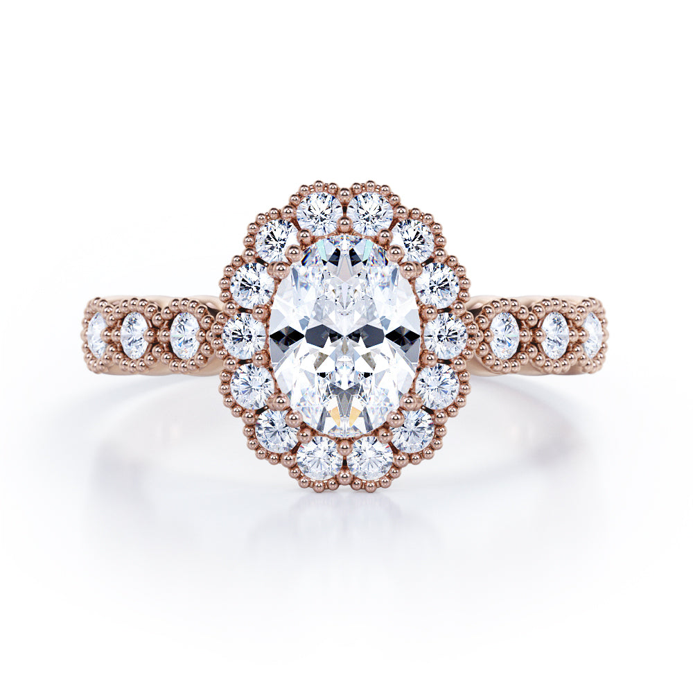 Vintage Floral Halo 0.7 carat Oval and Round Moissanite Engagement Ring in Rose Gold