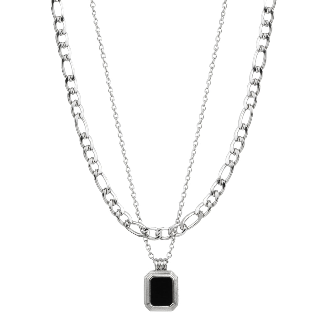 Bezel Emerald Cut Black Onyx Pendant Necklaces - 18K White Gold Plating over Silver - Mixed Chain 2 Layered Necklace Set for Women