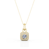 Single Bail Half Bezel 1.1 Carat Cushion Cut Certified Moissanite and Diamond Surface Prong Pendant Necklace in Yellow Gold