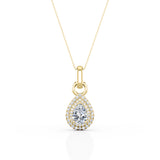Single Solitaire 1.5 Carat Pear Shape Moissanite and Diamond Double Halo Micro Pave Pendant Necklace in Yellow Gold