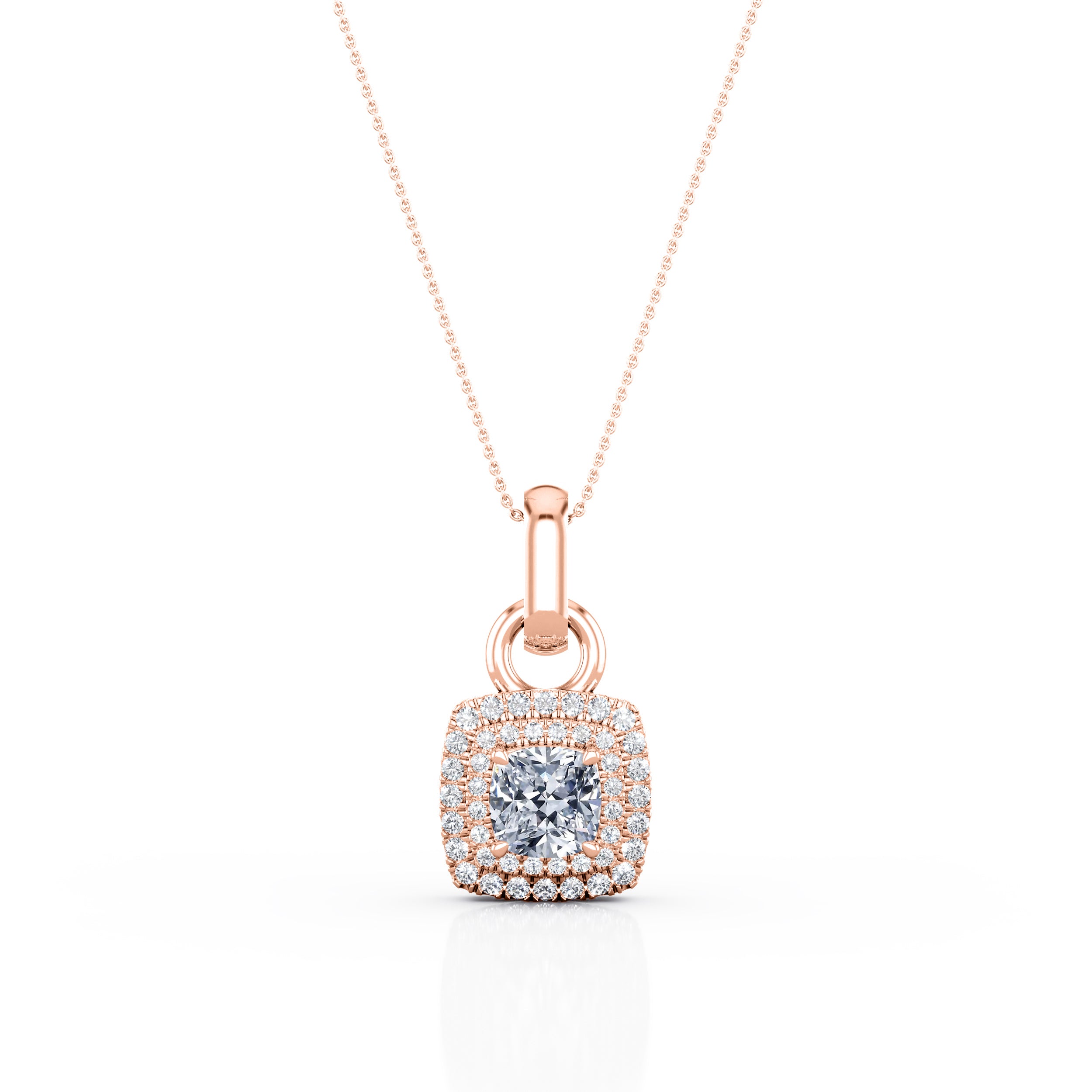4 Claw Set 1.50 Carat Cushion Cut Certified Moissanite and Diamond Encrusted Double Halo Pendant Necklace in Yellow Gold