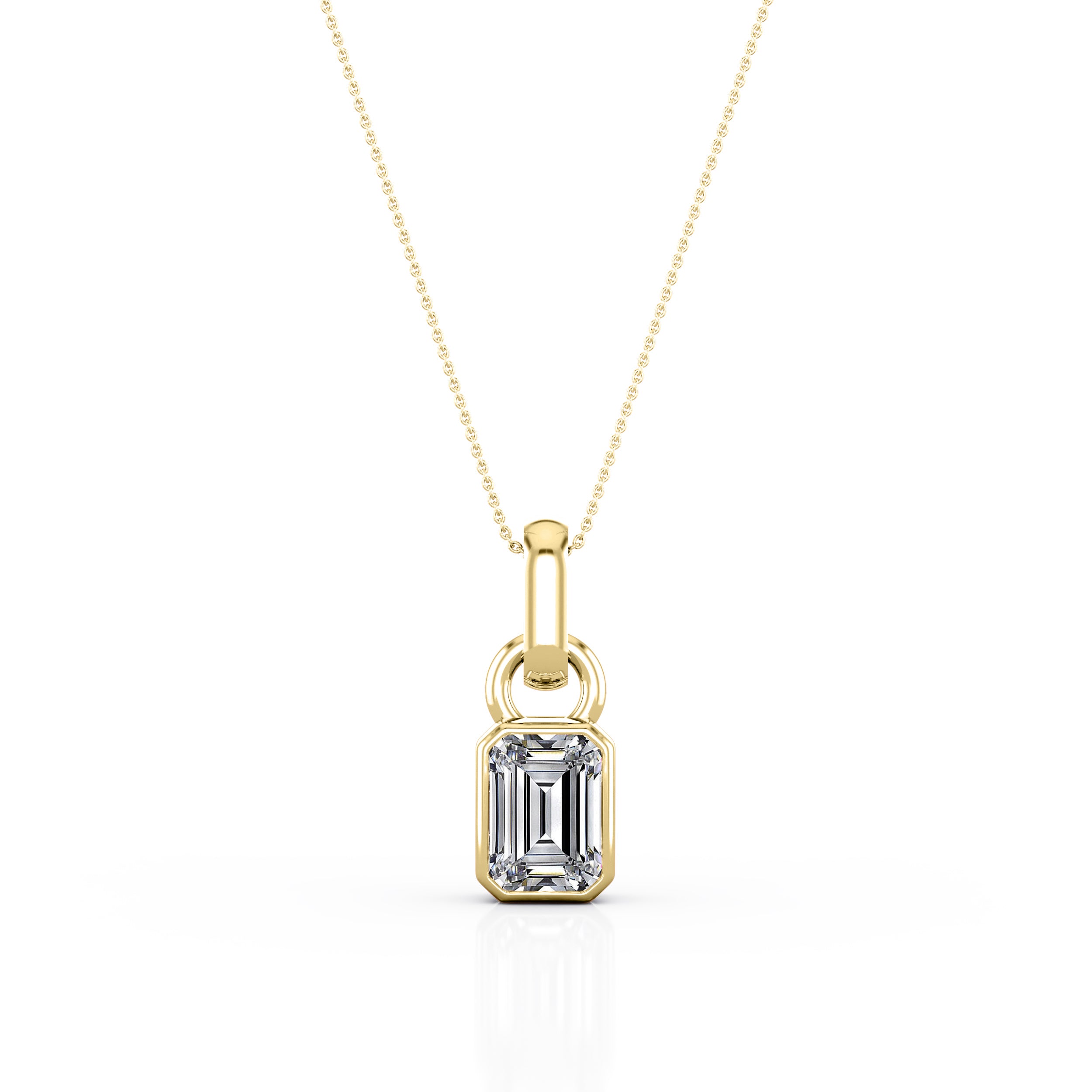 Single Stone Bezel Set 1 Carat Emerald Cut Certified Moissanite Stud Pendant Necklace in Rose Gold