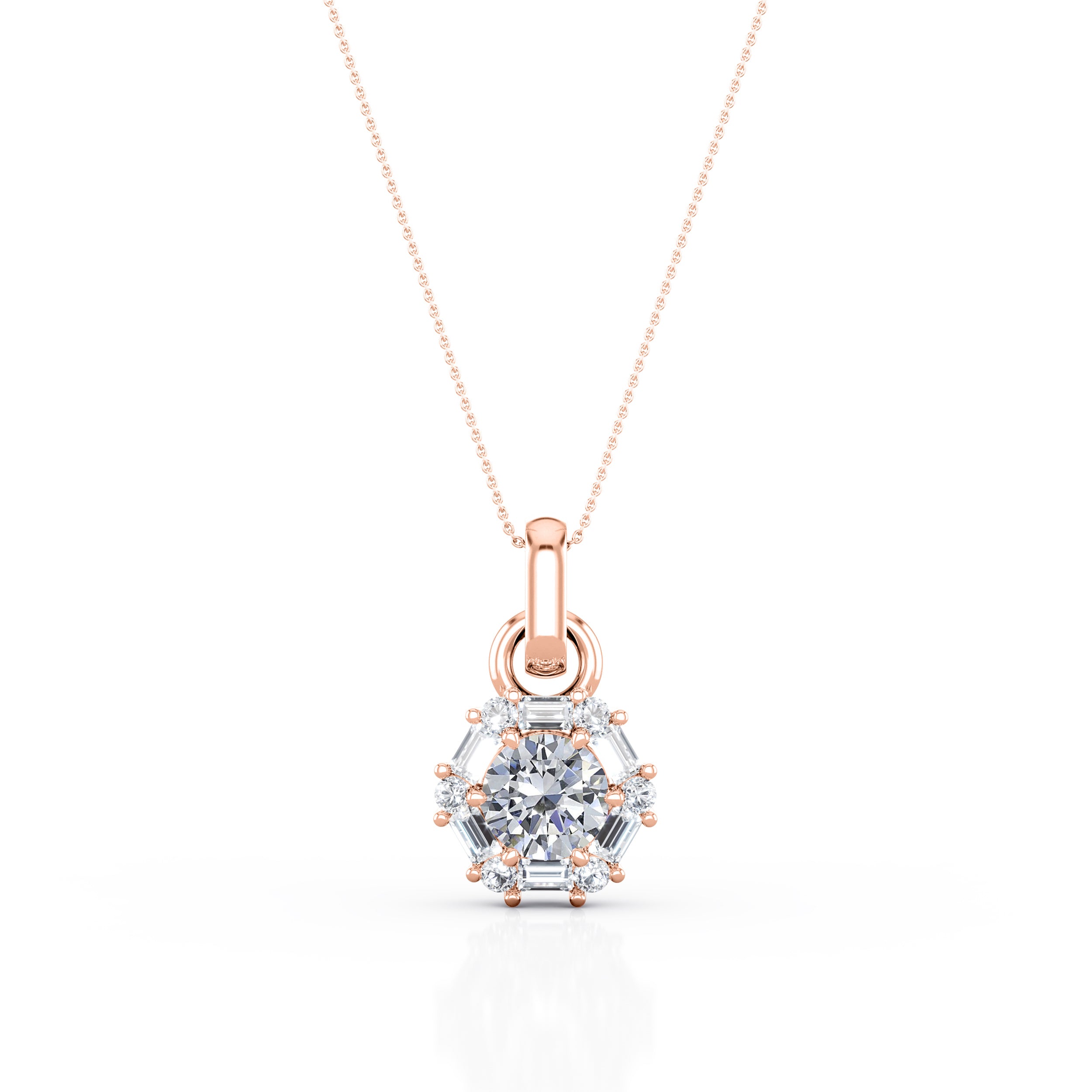Hexagonal Cluster 0.60 Carat Round Cut Certified Moissanite and Diamond Shared Prong Stud Pendant Necklace in Rose Gold