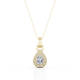 Vintage Solitaire 1.10 Carat Pear Cut Certified Moissanite and Diamond Surface Prong Pave Pendant Necklace in Yellow Gold