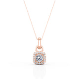 Designer 4 Claw 0.60 Carat Round Cut Certified Moissanite and Diamond Under Halo Stud Pendant Necklace in Rose Gold