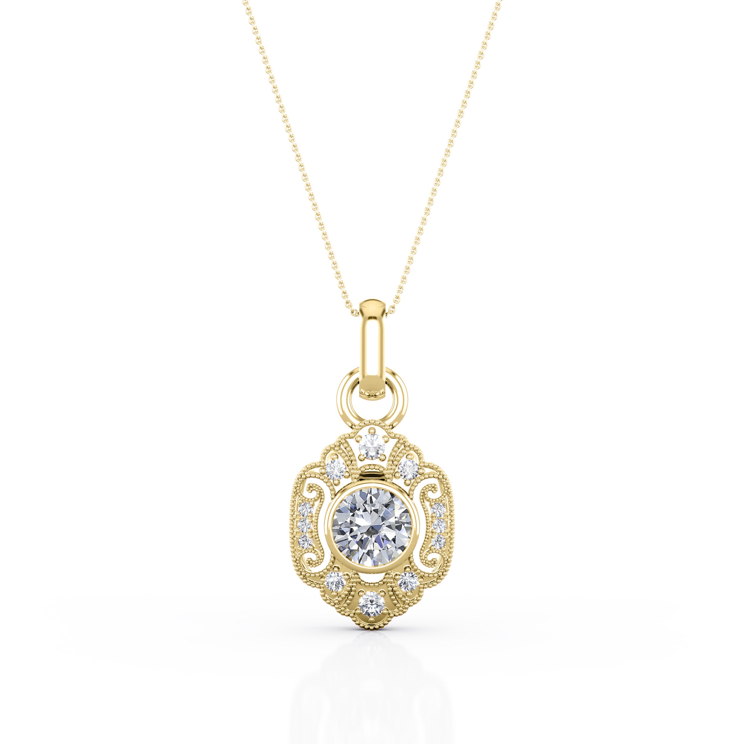 Milgrain Bezel Setting 0.60 Carat Round Certified Moissanite and Diamond Art Deco Outline Pendant Necklace in Rose Gold