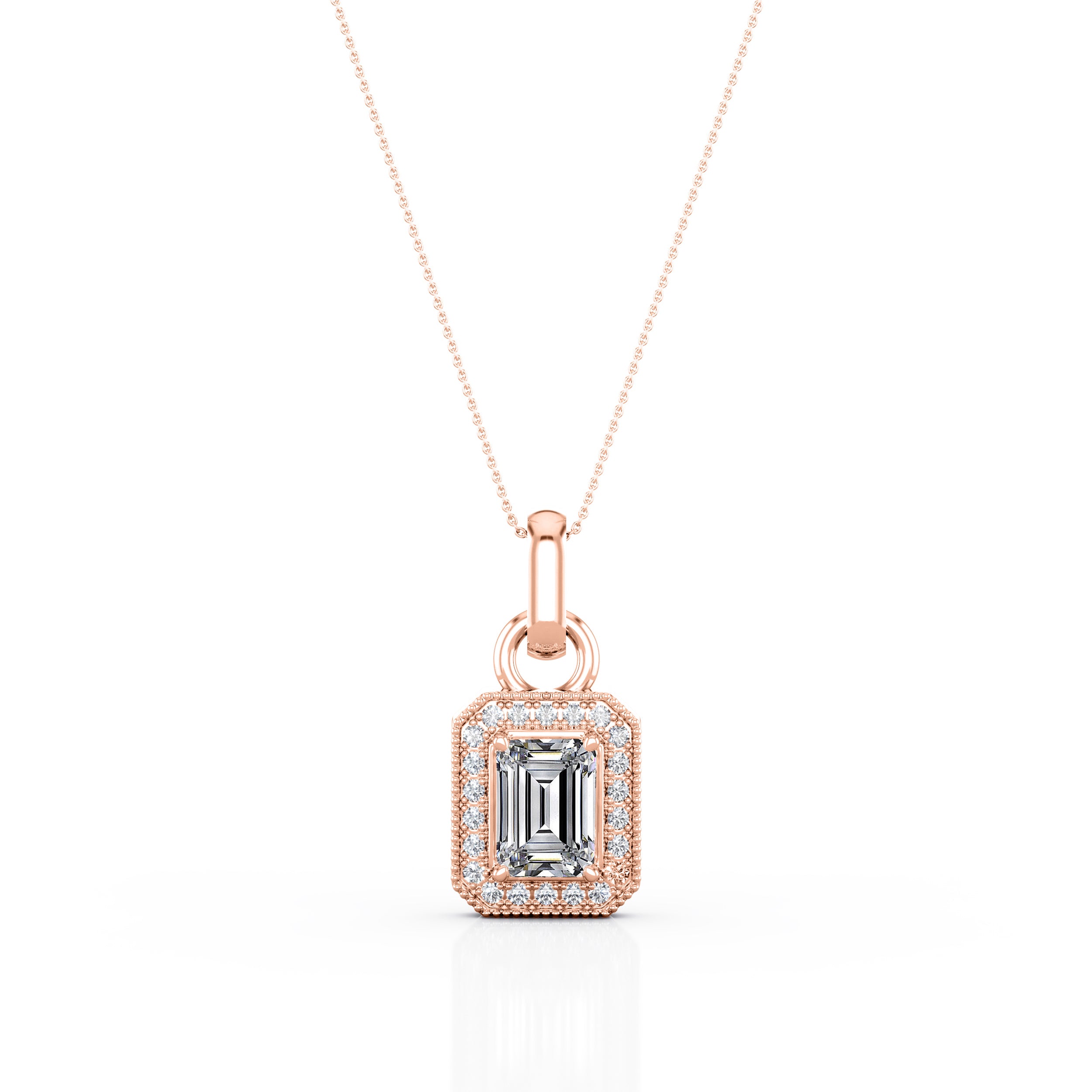 Antique Four Prong 1.10 Carat Emerald Cut Certified Moissanite and Diamond Milgrain Surface Prong Pendant Necklace in Rose Gold