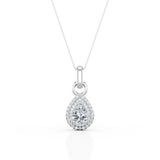 Single Solitaire 1.5 Carat Pear Shape Moissanite and Diamond Double Halo Micro Pave Pendant Necklace in Yellow Gold