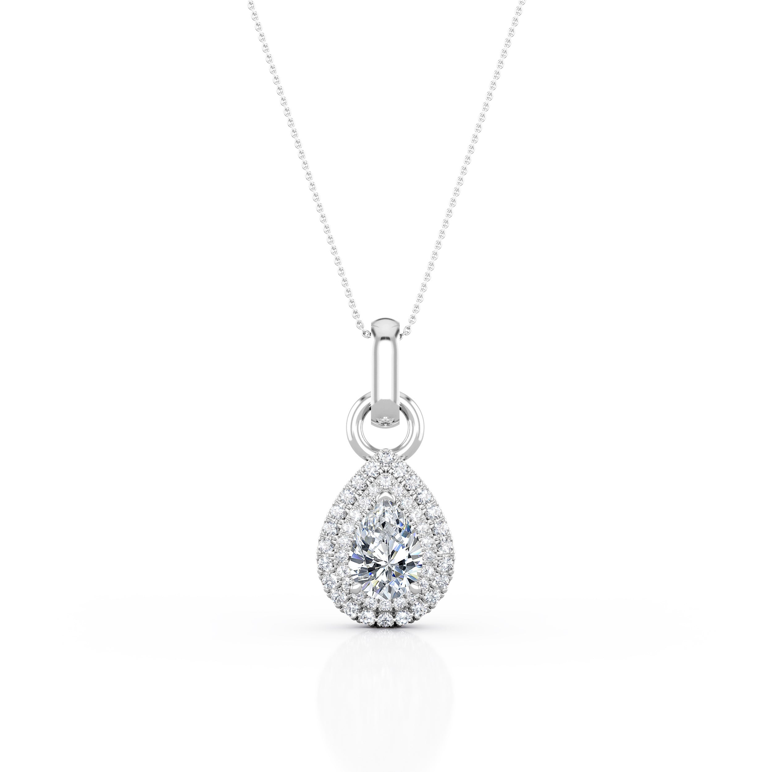 Single Solitaire 1.5 Carat Pear Shape Moissanite and Diamond Double Halo Micro Pave Pendant Necklace in Yellow Gold