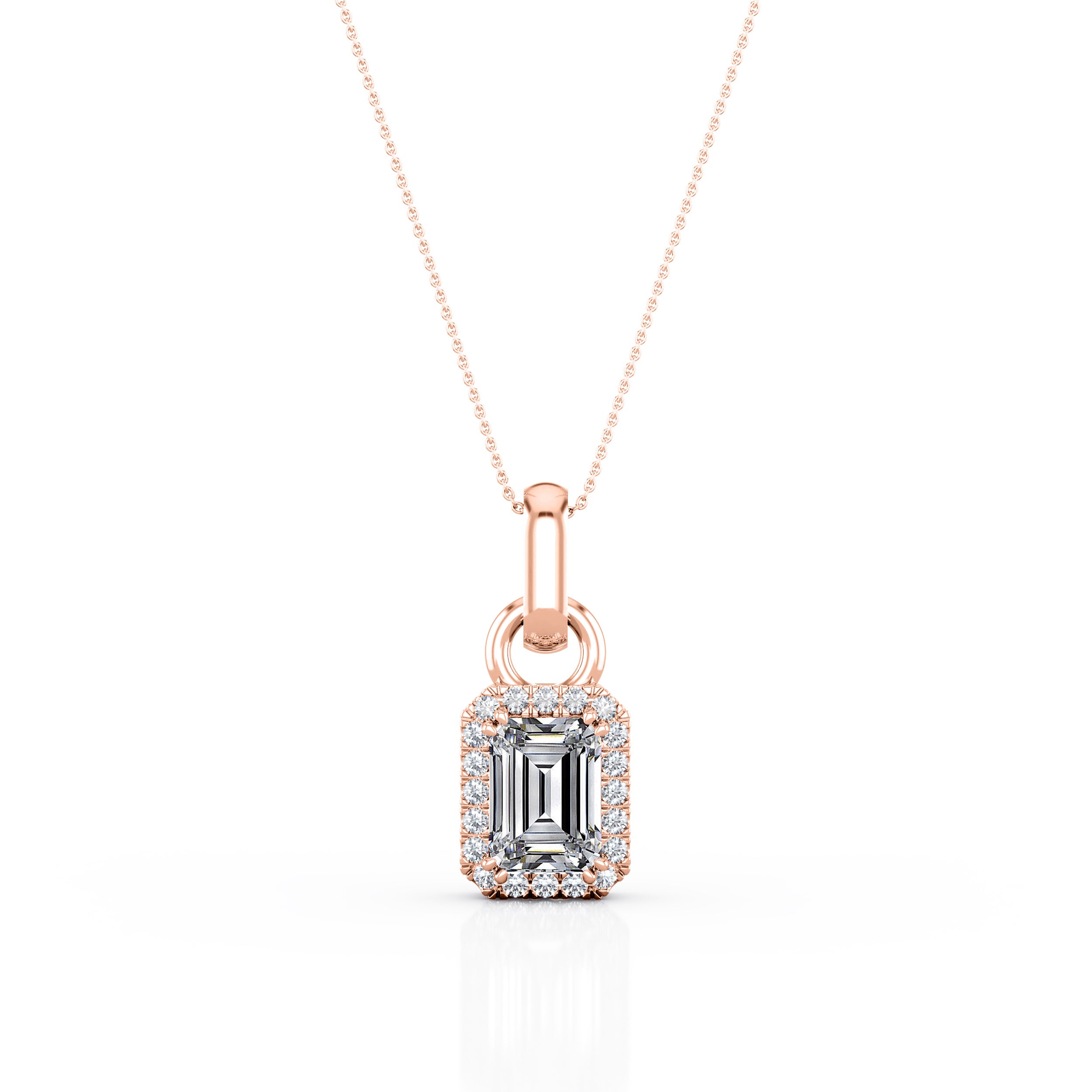 Double Claw Set 1.10 Carat Emerald Cut Certified Moissanite and Diamond French Pave Cluster Pendant Necklace in Yellow Gold