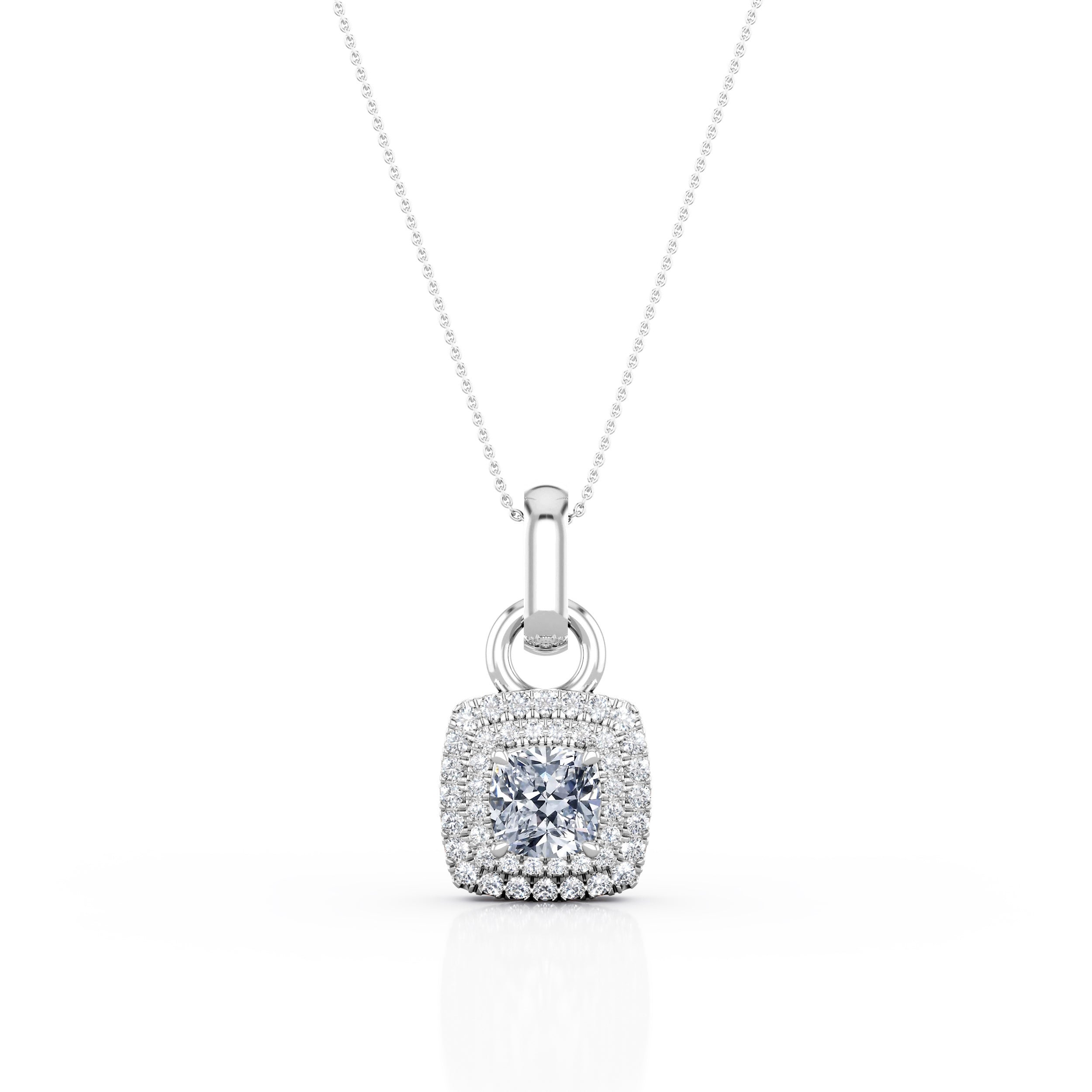 4 Claw Set 1.50 Carat Cushion Cut Certified Moissanite and Diamond Encrusted Double Halo Pendant Necklace in Yellow Gold