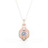 Milgrain Bezel Setting 0.60 Carat Round Certified Moissanite and Diamond Art Deco Outline Pendant Necklace in Rose Gold