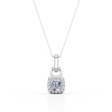 Solitaire Double Prong 1.10 Carat Princess Certified Moissanite and Diamond Halo Micro Pave Pendant Necklace in White Gold
