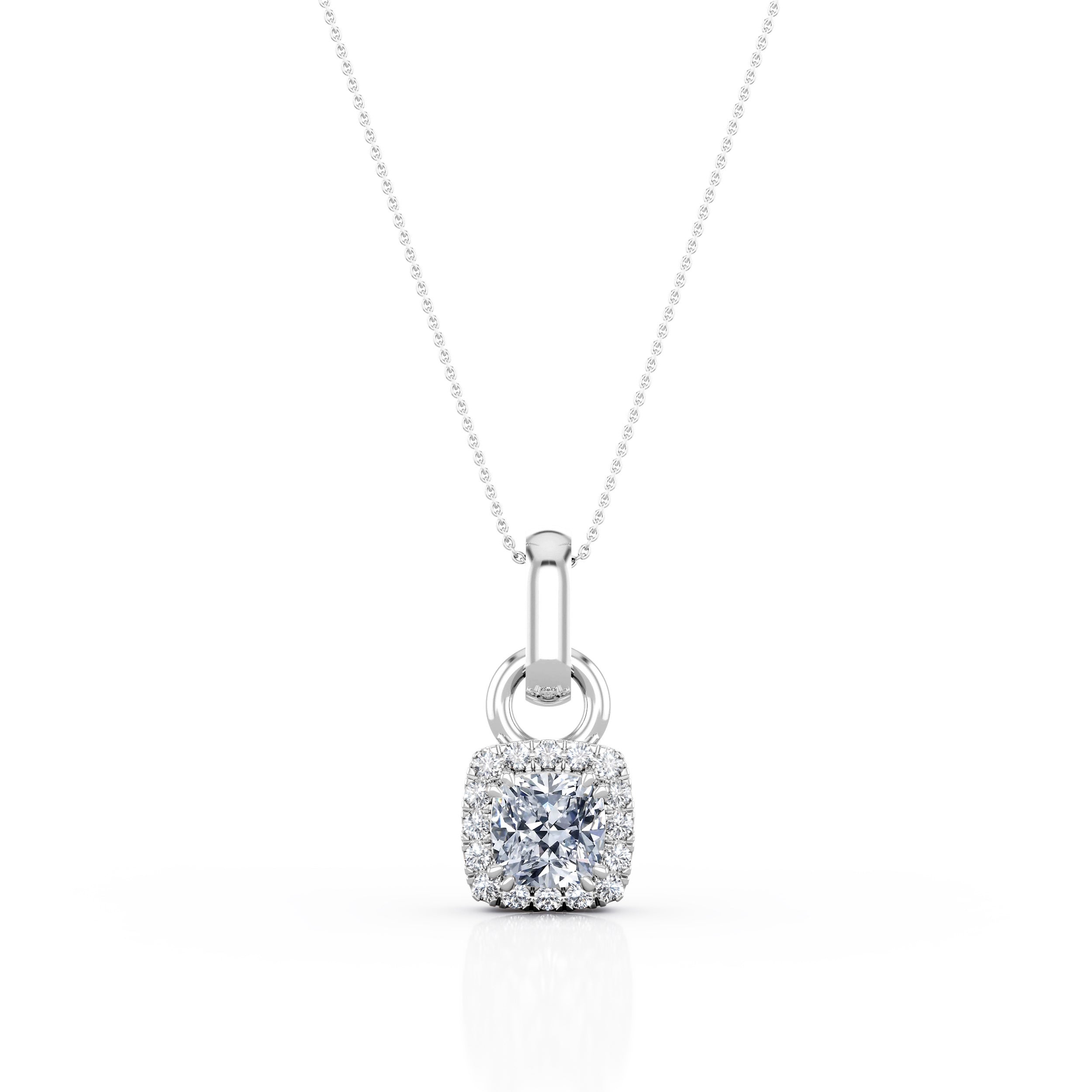 Solitaire Double Prong 1.10 Carat Princess Certified Moissanite and Diamond Halo Micro Pave Pendant Necklace in White Gold