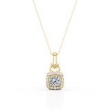 Designer 4 Claw 0.60 Carat Round Cut Certified Moissanite and Diamond Under Halo Stud Pendant Necklace in Rose Gold