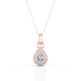 Single Solitaire 1.5 Carat Pear Shape Moissanite and Diamond Double Halo Micro Pave Pendant Necklace in Yellow Gold