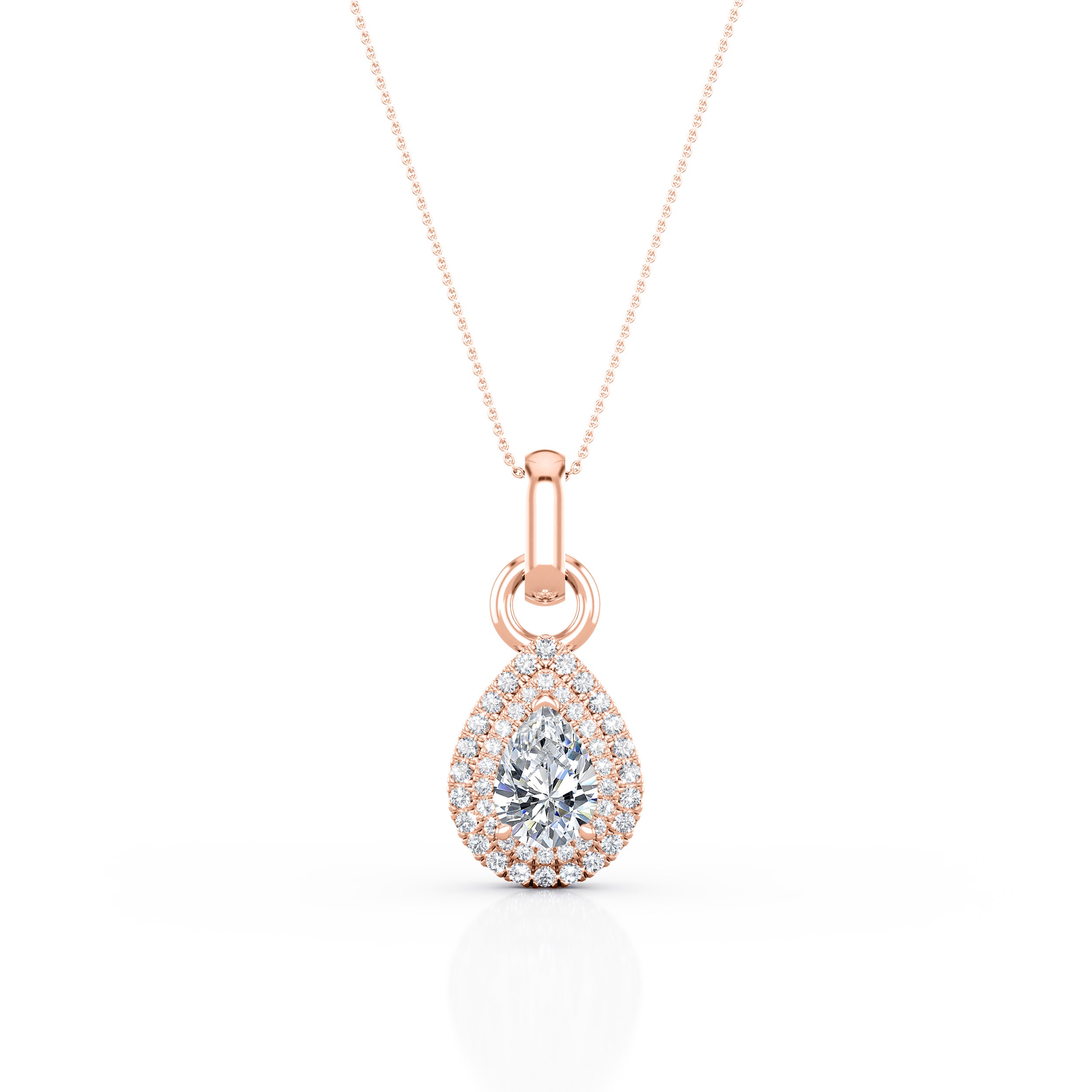 Single Solitaire 1.5 Carat Pear Shape Moissanite and Diamond Double Halo Micro Pave Pendant Necklace in Yellow Gold