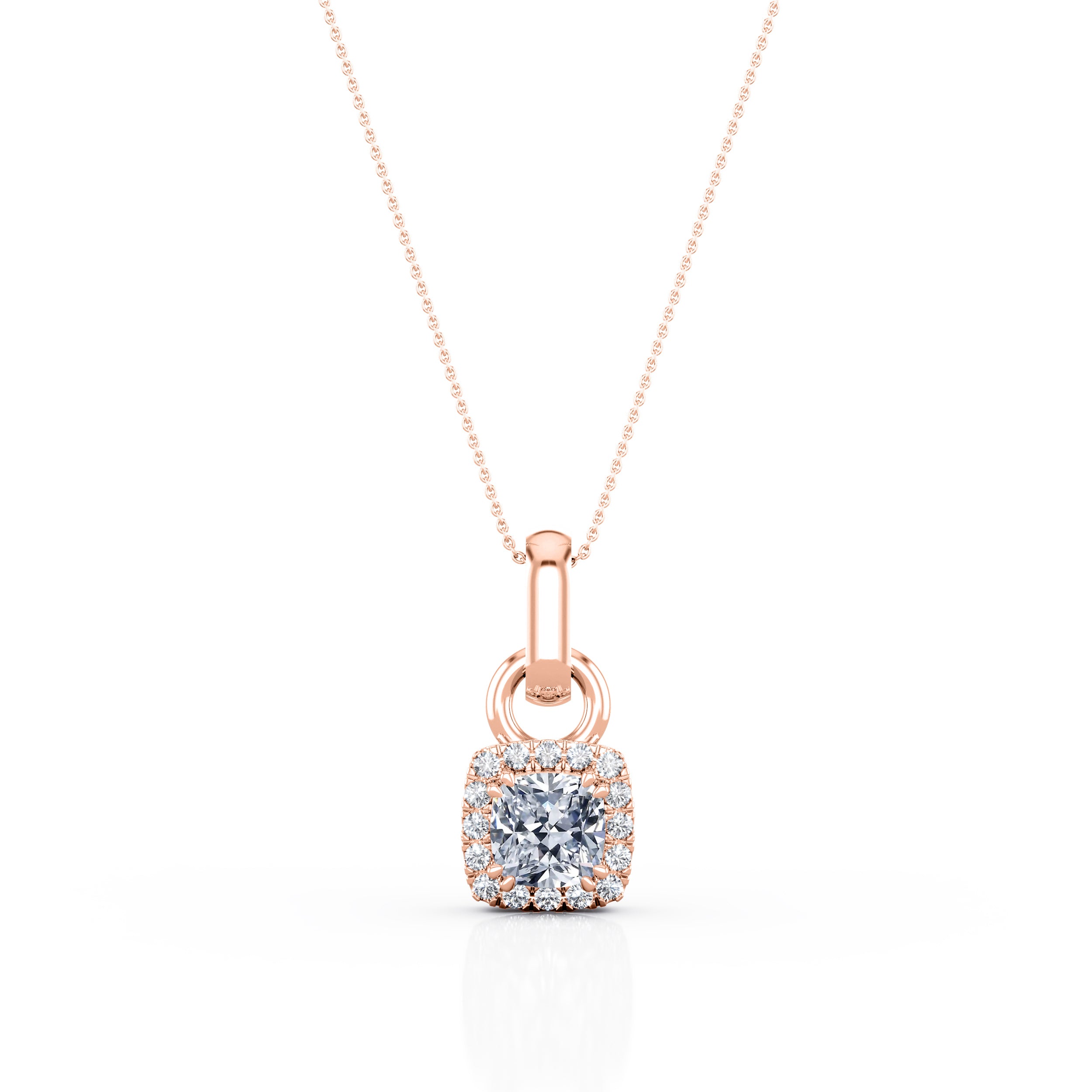 Double Prong 0.85 Carat Cushion Cut Certified Moissanite and Diamond Frame Halo Stud Pendant Necklace in Rose Gold