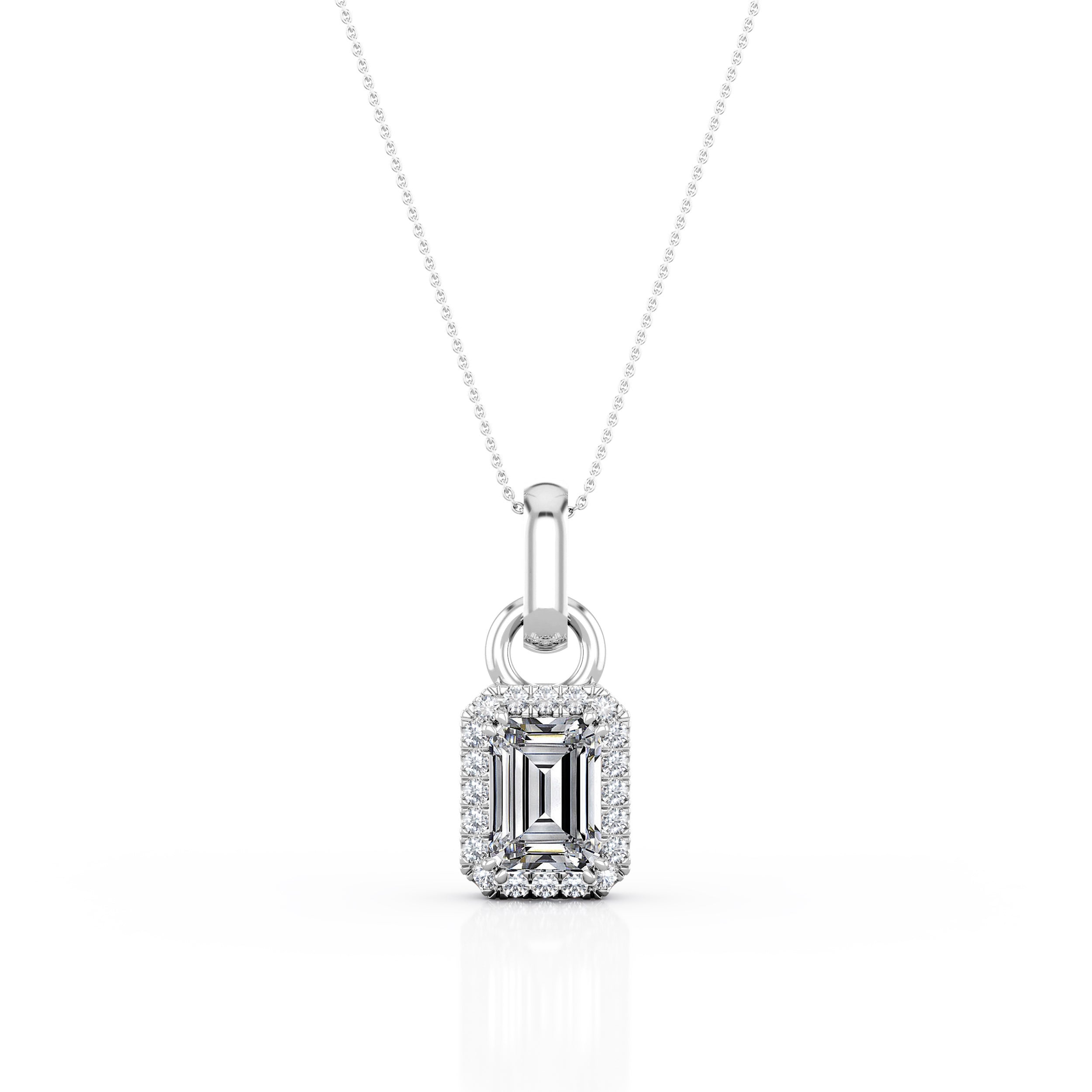 Double Claw Set 1.10 Carat Emerald Cut Certified Moissanite and Diamond French Pave Cluster Pendant Necklace in Yellow Gold
