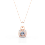 Single Bail Half Bezel 1.1 Carat Cushion Cut Certified Moissanite and Diamond Surface Prong Pendant Necklace in Yellow Gold