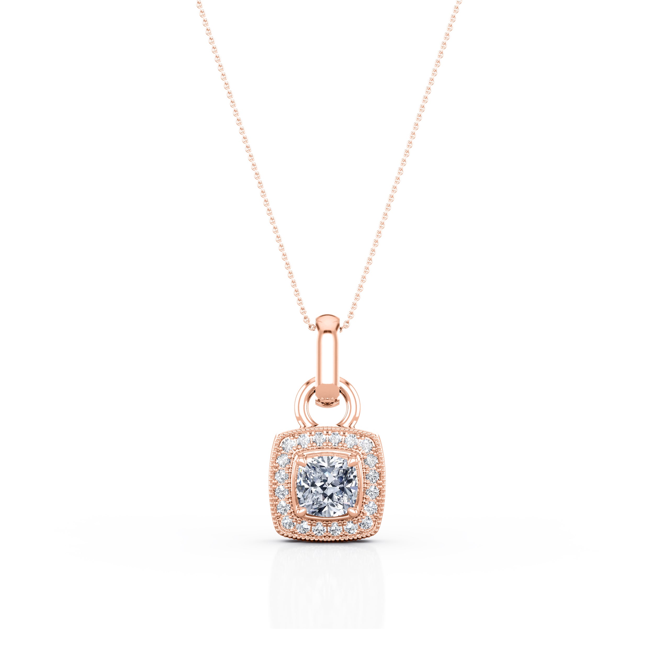 Single Bail Half Bezel 1.1 Carat Cushion Cut Certified Moissanite and Diamond Surface Prong Pendant Necklace in Yellow Gold