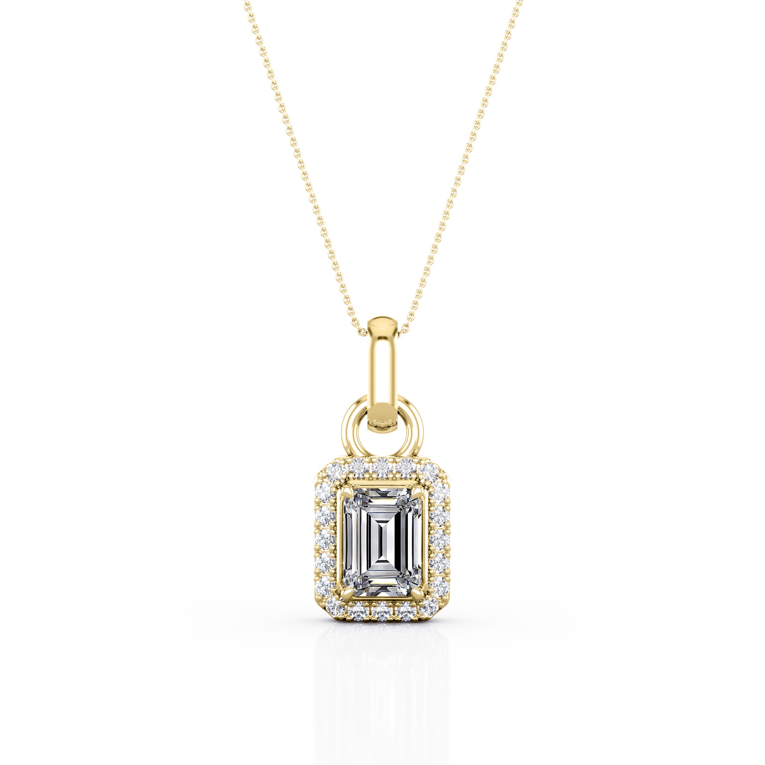 Four Claw Setting 1.10 Carat Emerald cut Certified Moissanite and Diamond Shared Prong Halo Stud Pendant Necklace