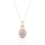4 Claw Art Deco 1.10 Carat Oval Certified Moissanite and Diamond Scallop Pave Stud Pendant Necklace in Rose Gold