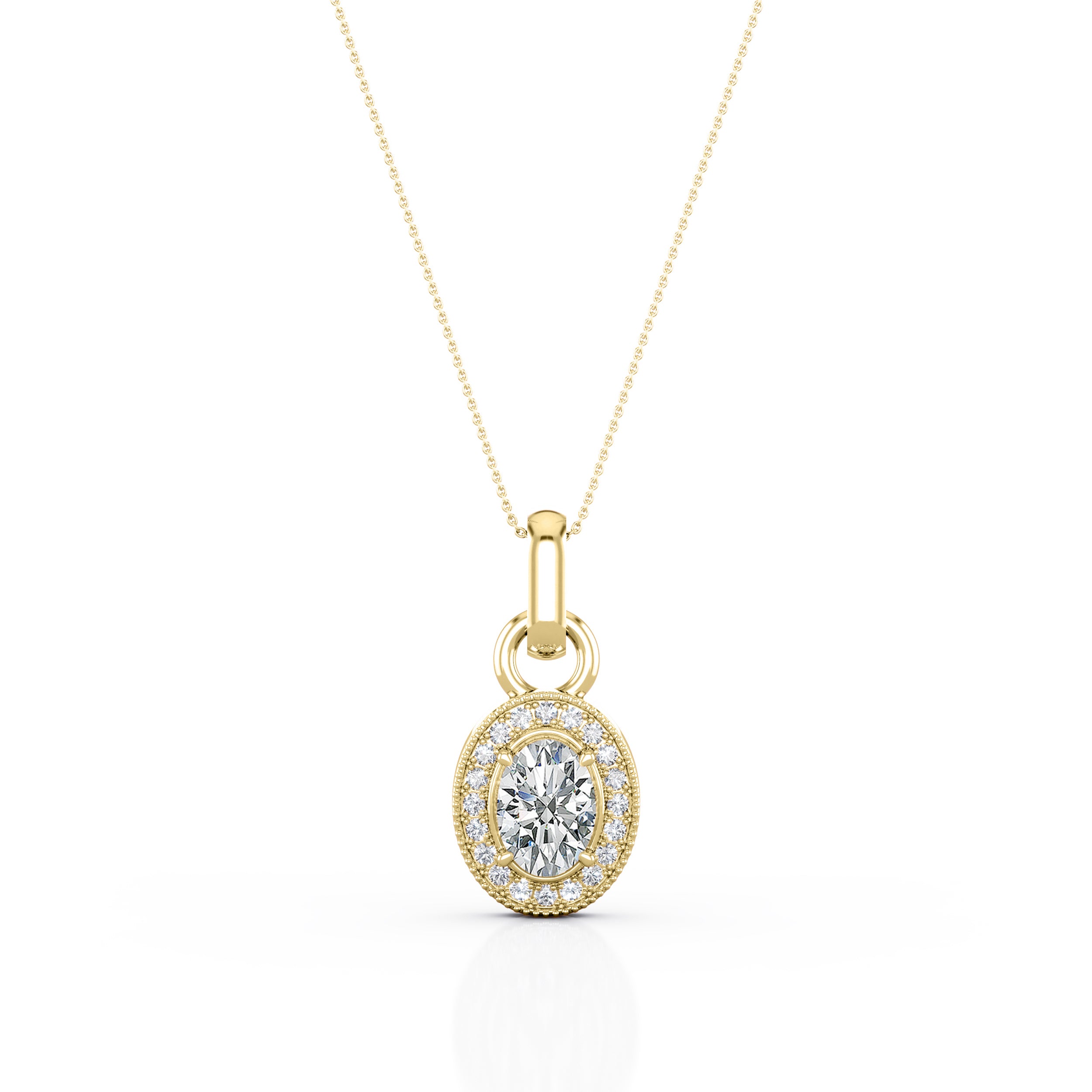 4 Claw Art Deco 1.10 Carat Oval Certified Moissanite and Diamond Scallop Pave Stud Pendant Necklace in Rose Gold