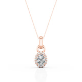 Antique Single Bail 1.10 Carat Oval Certified Moissanite and Diamond Frame Pendant Necklace in Rose Gold